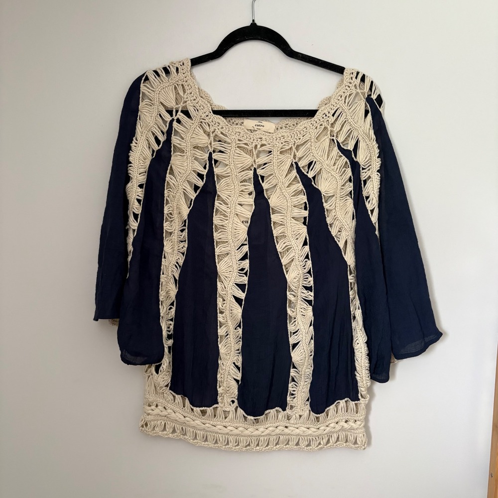 Entro Womens Crochet Knit Mixed Media Top Navy Blue Cream Boho Size Small NEW